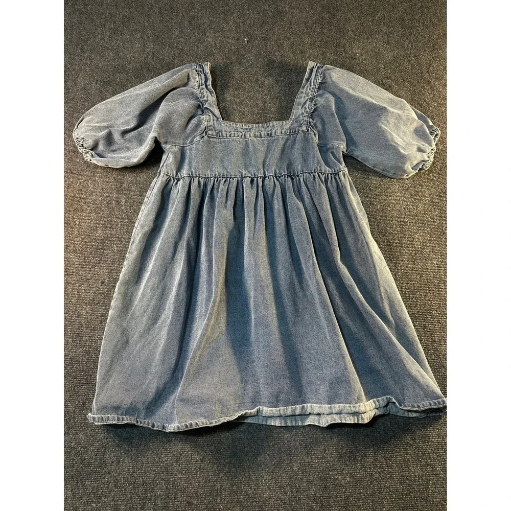 Rylee + Cru Denim Puff Sleeve Babydoll Dress Square Neck Blue Medium BOHO - Picture 6 of 8